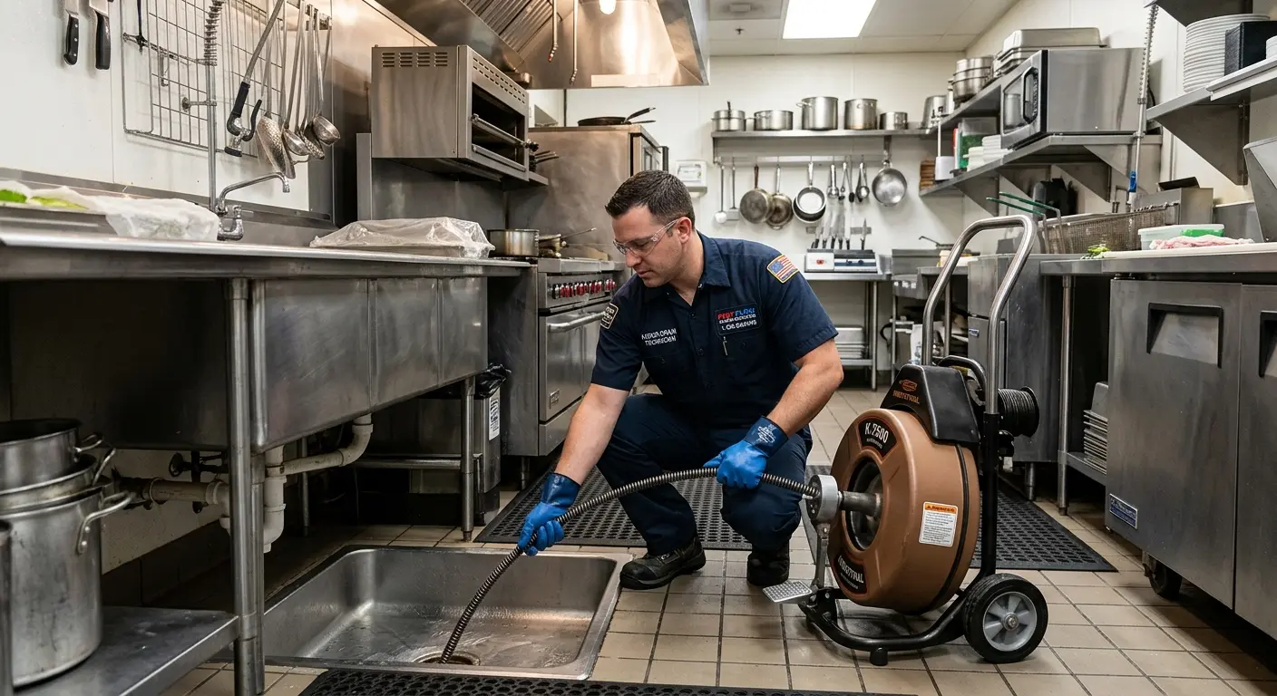 Commercial drain cleaning service in a restaurant kitchen in Kirkwood
