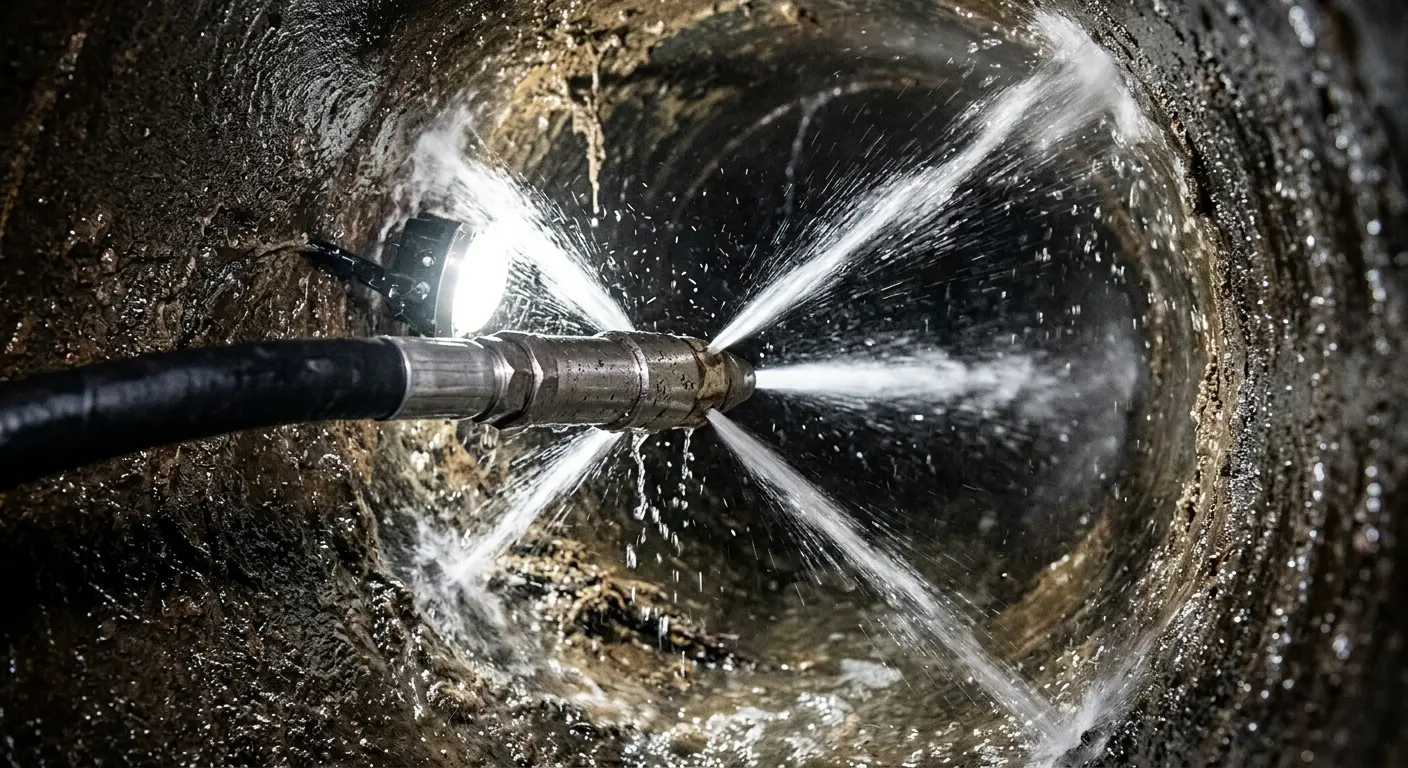 High-pressure hydro jetting nozzle cleaning sewer pipe for Trenchless Sewer Repair in Kirkwood