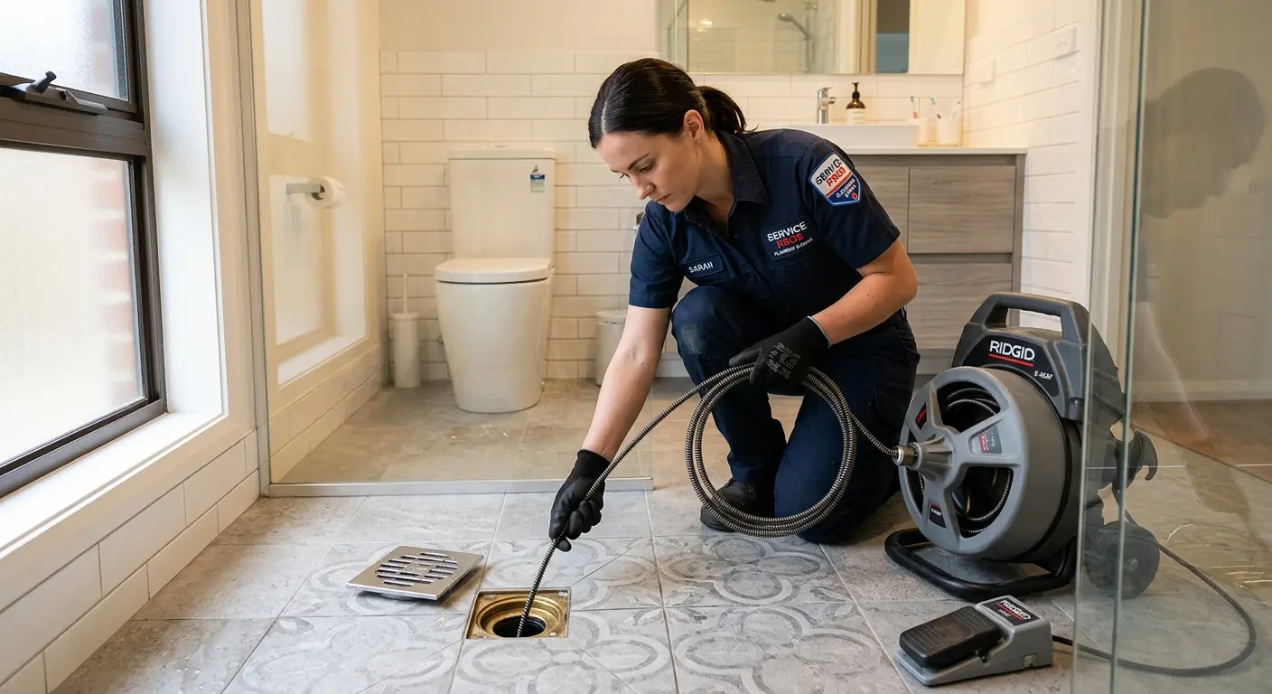 Technician clearing a bathroom floor drain for Clogged Drain Repair in Kirkwood